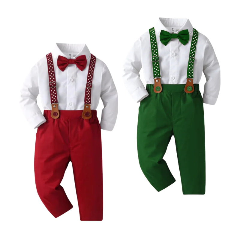 1 2 3 4 5 6 7Y Boy Christmas Outfit White Shirt+Star Printed Strap Set Children Autumn Formal Gentleman Wedding Flower Costume