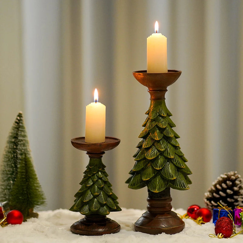 NORTHEUINS Resin Christmas Tree Candle Holder Figurines Christmas Decorations Candlestick Craft Home Interior Living Room Decor