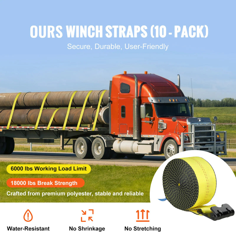 SucceBuy 10 Pack Winch StrapsTruck Straps with Flat Hook Flatbed Tie Downs Cargo Control for Trailers Farms Rescues Tree Saver