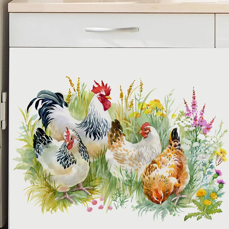 1PC Chinese Style Countryside Style Chicken Foraging In Grass Stickers, Decorative Living Room, Kitchen, Refrigerator Waterproof