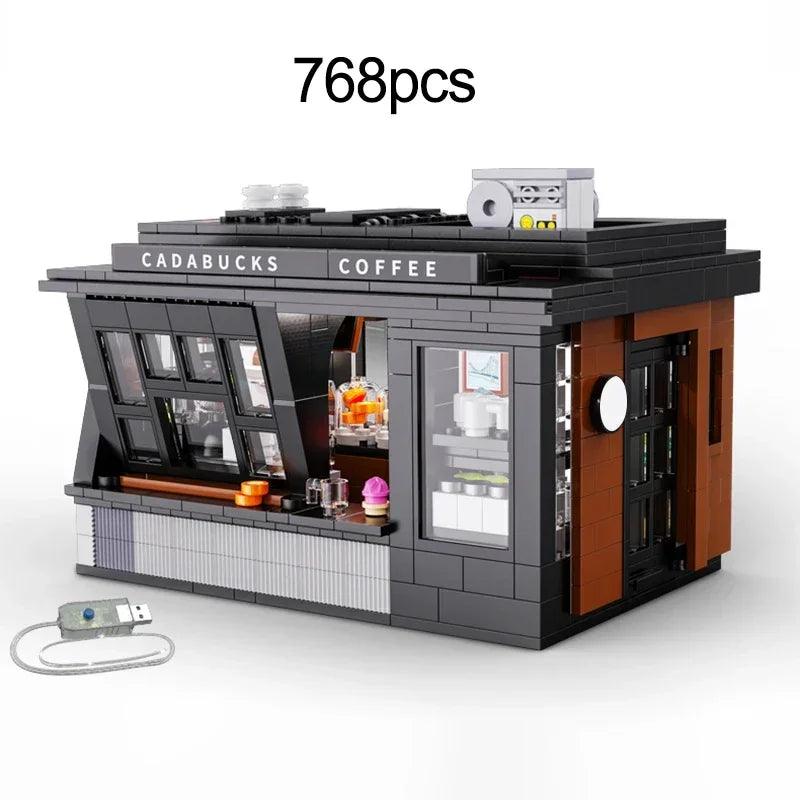 Creative Street Scene Modular Buildings LED Cafe Store Model 768PCS Building Blocks Brick Toys for Children Birthday Gift Set