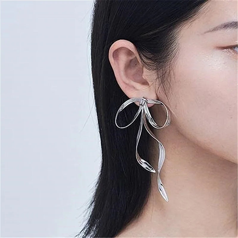 Silver Color Metal Line Bow Earrings Korean Fashion Elegant Big Long Bowknot Drop Earrings Trend 2023 Jewelry Party Gift