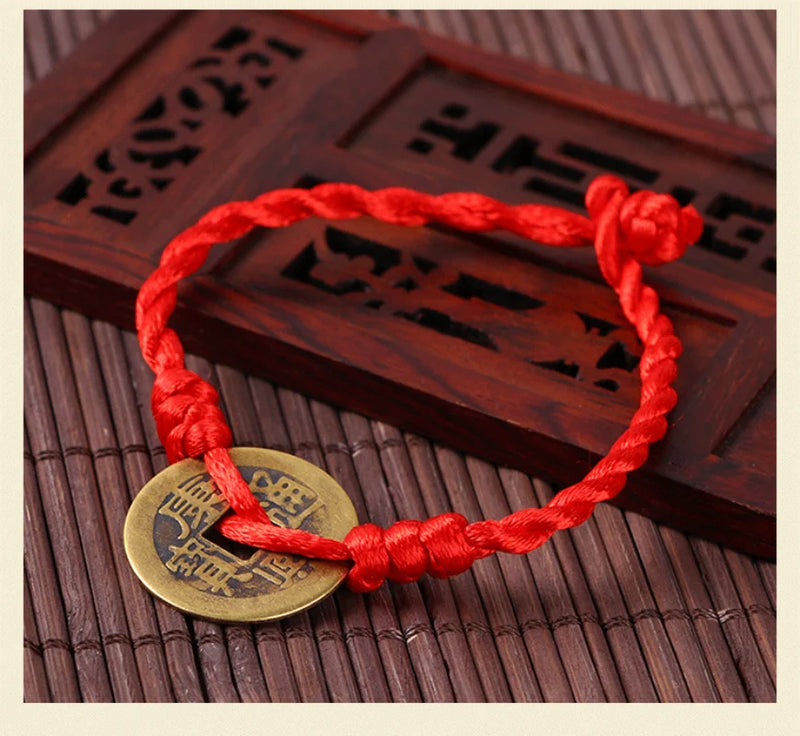 Lucky Red String Feng Shui Copper Coin Bracelet Bangle Handmade Adjustable Attract Money Wealth Bracelet for Women Men