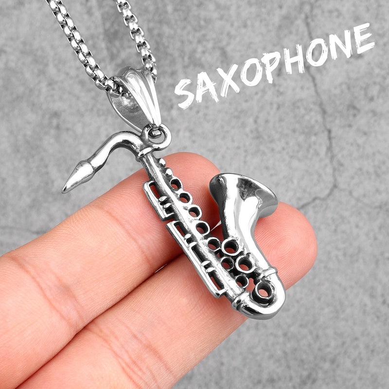 Saxophone Long Men Necklaces Pendant Chain Punk Cool Punk for Boyfriend Male Stainless Steel Jewelry Creativity Gift Wholesale