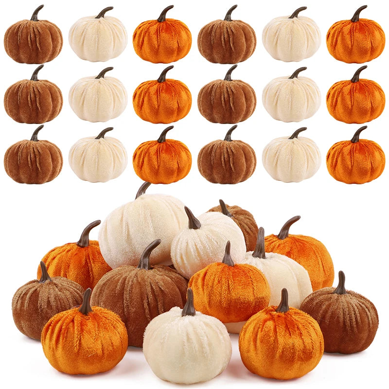 9Pcs Velvet Artificial Pumpkin Ornaments Halloween Party Thanksgiving Dinner Table Decoration Autumn Fall Home DIY Craft Wreath