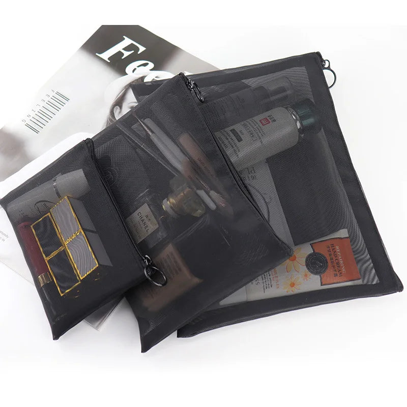 Large Capacity Portable Outdoor Travel Makeup Bag Black Transparent Mesh Storage Washing Bag Home Organization Tote Bag