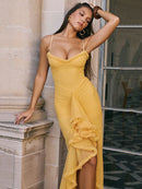 Mozision Ruffled Draped Ruched Sexy Maxi Dress For Women Yellow Spaghetti Strap Sleeveless Backless Club Party Sexy Long Dress