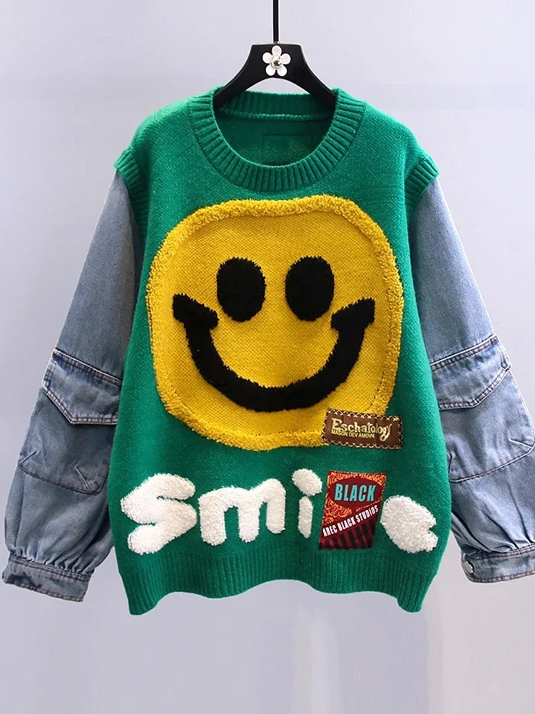 Smiling Face Loose Sweater Tops Women Denim Sleeve Round Neck Pullover Jumpers Winter Fashion Streetwear Stylish Chic Knitwear