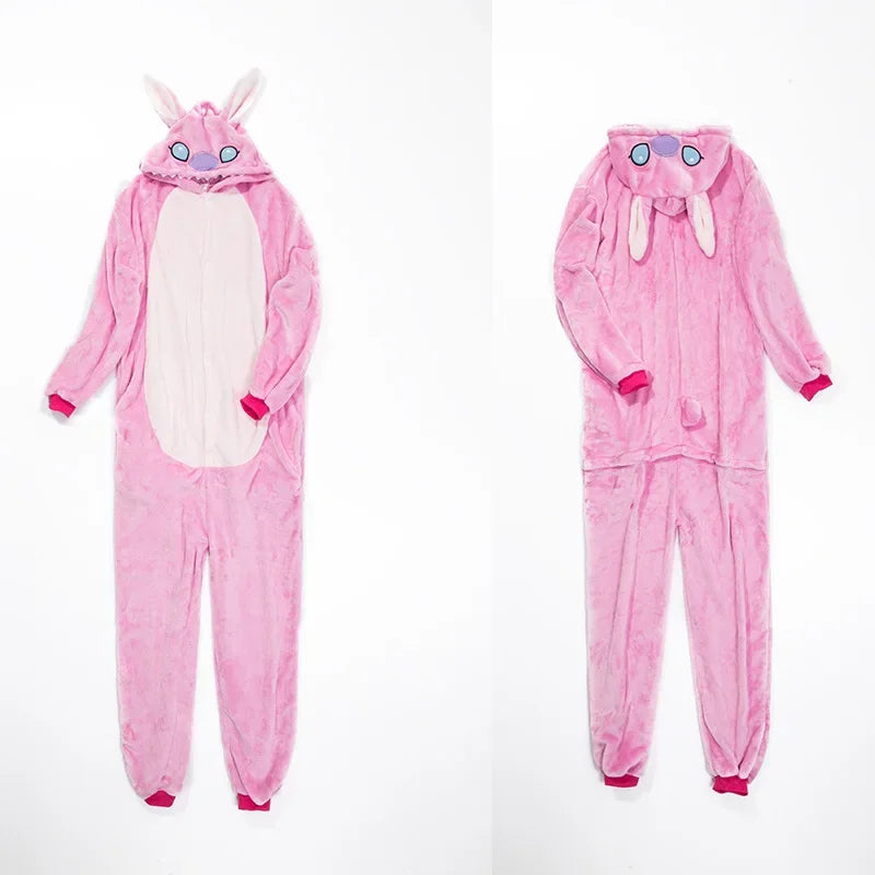 MINISO Stitch Winter Adult Animal Pink Blue Stitch Pajama Flannel Onesie Cosplay Homewear Christmas Pyjamas With Zipper Kigurumi