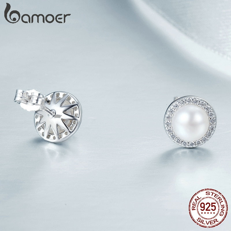 Bamoer 925 Sterling Silver Classic Round Fresh Water Pearl Stud Earrings Pave Setting CZ for Women Engagement Jewerly SCE122