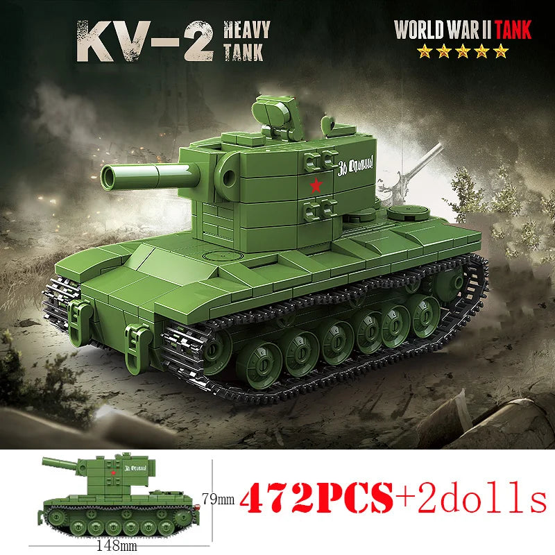 Military World War Russian T-34 KV-1 Heavy Tank Building Blocks WW2 American M4A3 Sherman Stuart Tank Technical Bricks Kids Toys