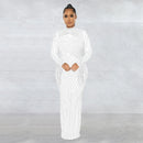 CM.YAYA Women Mesh Tassel Long Sleeve Diamonds Hot Rhinestones Bodycon Midi Maxi Long Dress and Tank Inner Dresses 2piece Suit
