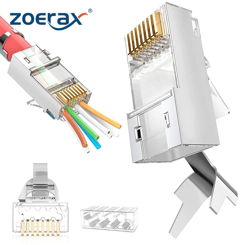 ZoeRax Shielded RJ45 Cat6A Cat7 Pass Through connectors - 3 Prong 8P8C 50U Gold Plated 2-Piece Pass Through Modular Data Plug