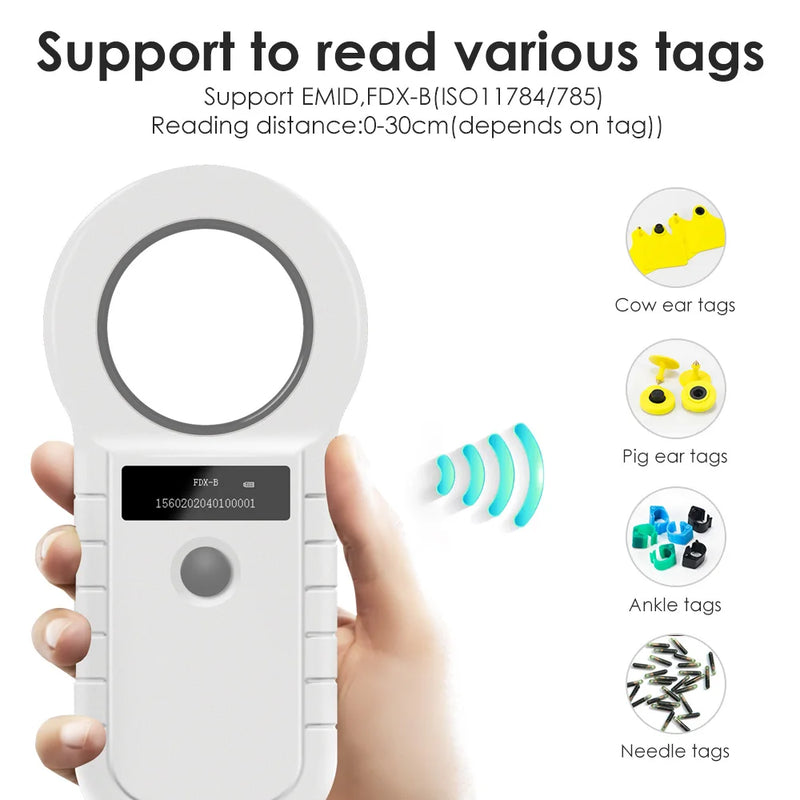 Portable pet ID reader for dogs, cats, and pigs with 134.2KHz/125KHz RFID, EMID/FDX-B, ISO11784/85 support, and 128 data storage