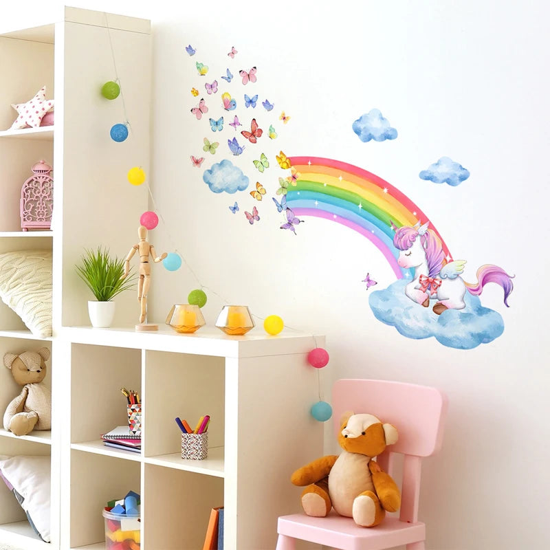 Unicorn Rainbow Cloud and Butterfly Wall Sticker Background Wall Living Room Decoration