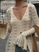 Elegant Knitted Hollow Out Long Dress Women Beach Ruffle Single-breasted Flare Sleeve Cardigan Robe Female Fashion Solid Dresses