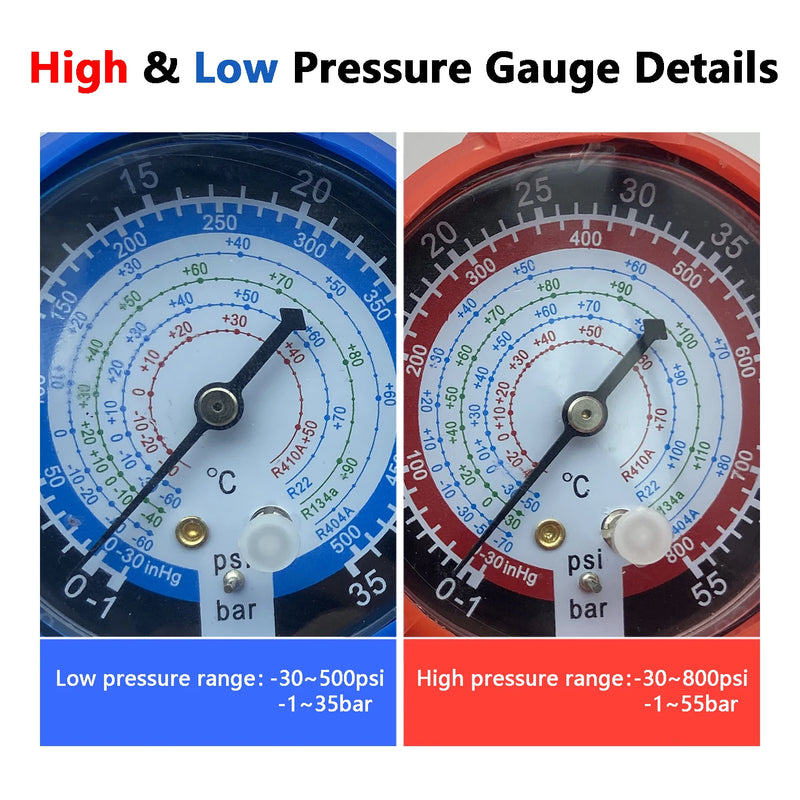 Air Conditioner Refrigerant Low and High Pressure Gauge for R410A R134A R22 R404A A/C Diagnostic Refrigerant Charging Tool