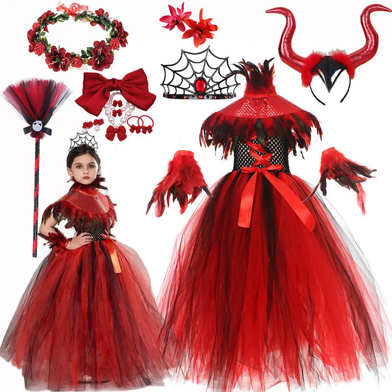 New Halloween Vampire Costume for Girls Devil Witch Gothic Puffy Mesh Clothes Demon Vampires Queen Cosplay Carnival Party Dress