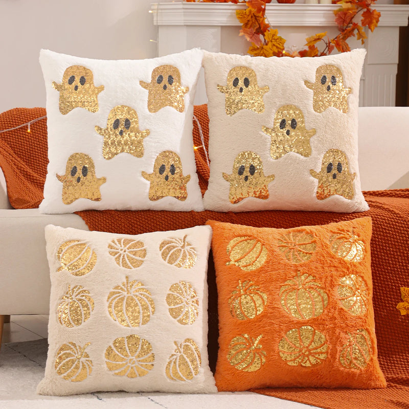 1 PC Halloween Decoration Throw Pillow Cover Pumpkin Ghost Gold Sequin Embroidery Plush Autumn Thanksgiving Harvest Living Room