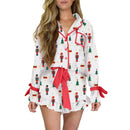 Christmas Pajamas for Women Bow Santa Claus Print Long Sleeve Shirts Ruffle Shorts Lounge Set Xmas 2 Piece Sleepwear