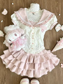 Summer Sweet Preppy Style 2 Piece Sets Women Y2k Kawaii Lolita Design Tops + High Waist Chic Skirt Female Princess Retro Outfits