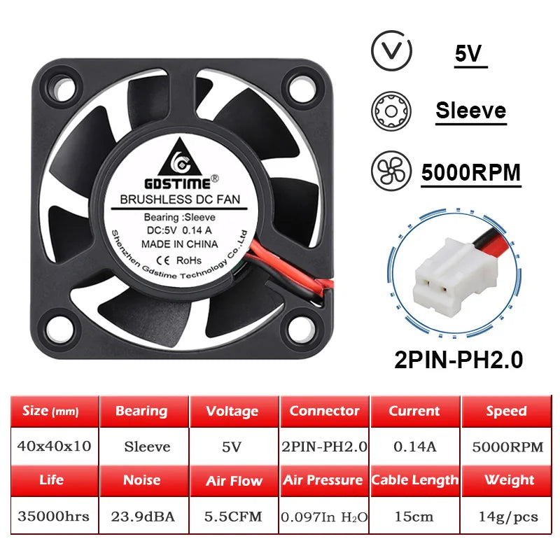 2PCS GDSTIME 40MM Cooler DC 5V 12V 24V 40x40x10mm Dual Ball Mini Cooling Fan 4010 Axial Fan 40MM for 3D Printer,DVR,NAS Cooling