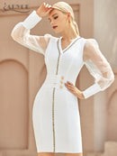 Adyce 2022 New Winter Women White Lace Bodycon Bandage Dress Sexy V Neck Long Sleeve Button Evening Celebrity Club Party Dresses