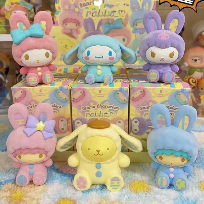 Genuine Sanrio Blind Box Anime Rabbit Series Flocking Cinnamoroll Kurumi Trend Toy Mini Figure Decoration Birthday Birthday Gift
