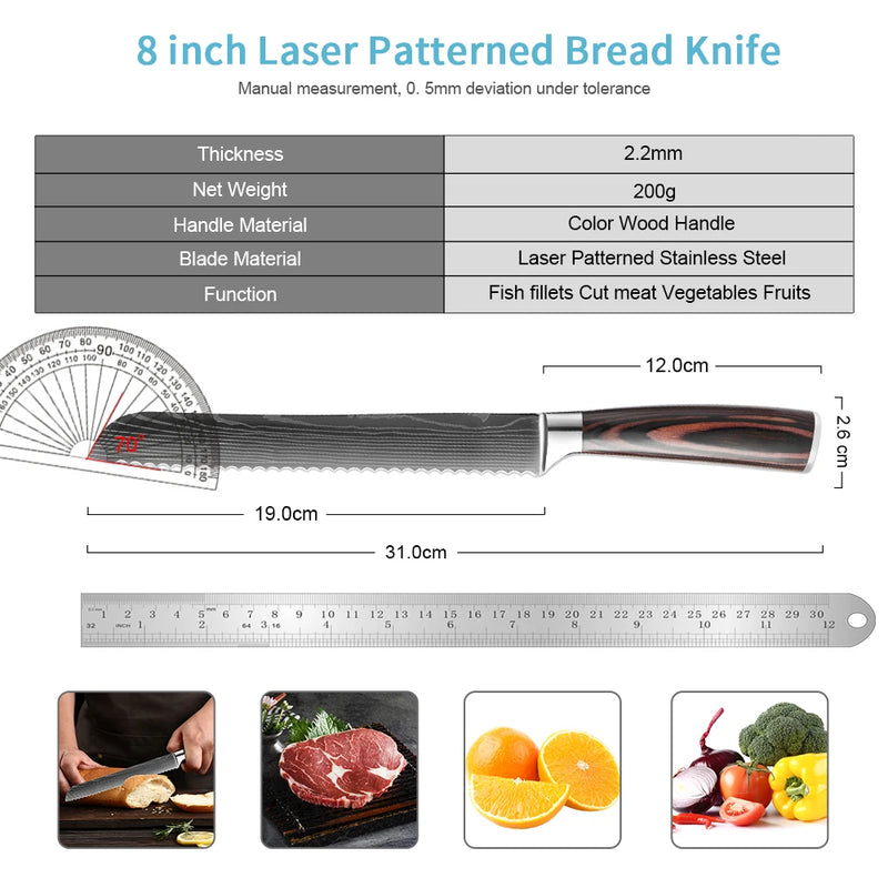 XITUO Kitchen Bread Knife Serrated Design Laser Damascus Stainless Steel Blade 8 inch Chef Knives Bread Cheese Cake Tool