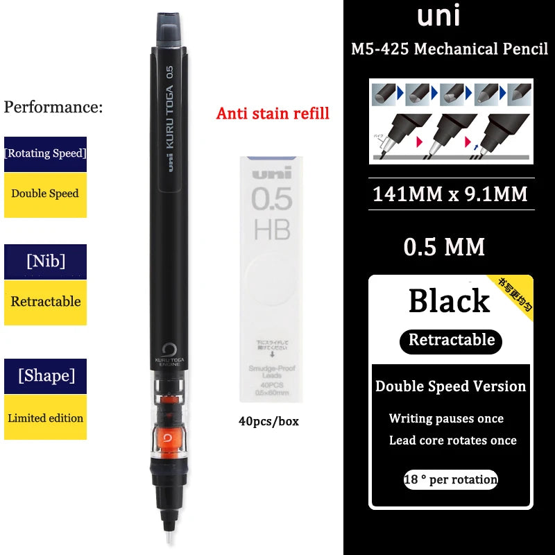 Uni Mechanical Pencil M5-452 Kuru Toga 0.5MM Breakproof Lead lapicero lapices portaminas with Eraser School Student Stationery