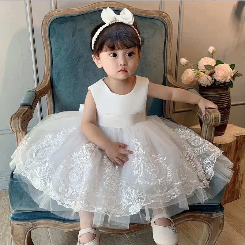 New Summer Baby Girls Party Dress Lace Sleeveless Floral Girl Bow Cake Dresses for Weddings Kids Children Clothes E7839