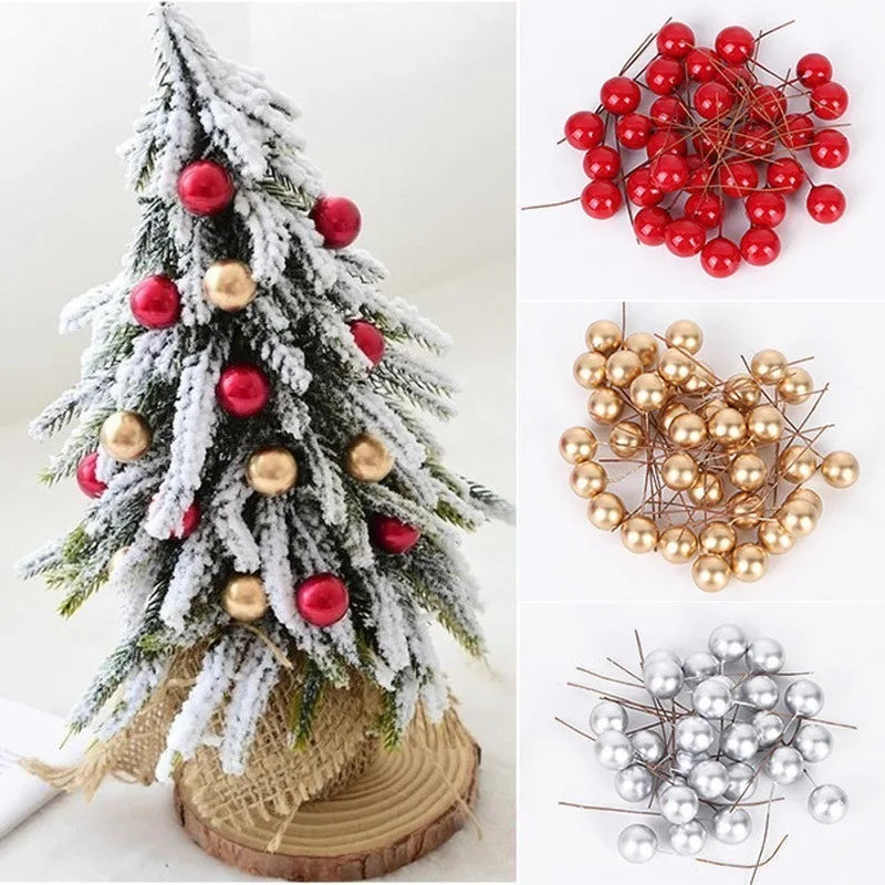 200/50pcs Christmas Artificial Berry Red Gold Cherry Stamen Mini Fake Berries Flowers Pearl Beads for DIY Christmas Party Decor