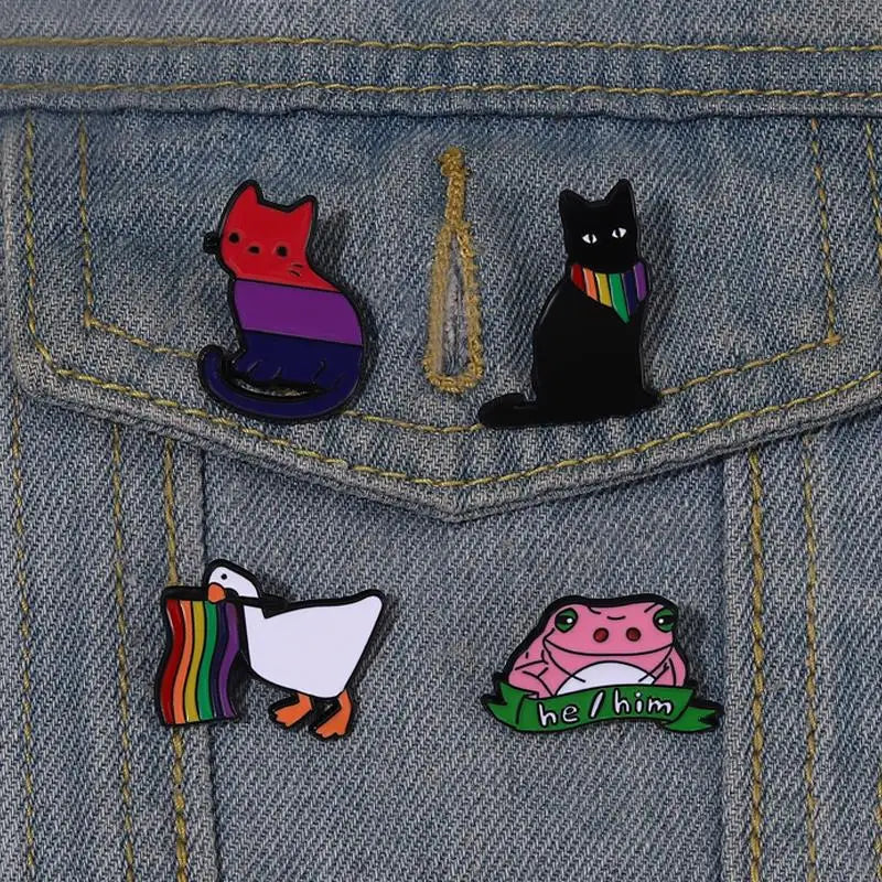 Pride Flag Enamel Pins Custom Love is Love He Him Brooches LGBT Lapel Badges Cats Frog Goose Jewelry Gift for Kids Friends