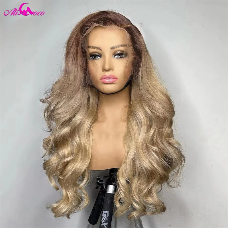 Ombre Blonde 13X6 Transparent Lace Front Human Hair Wig Brown Root Body Wave Ash Blonde 180 Density Pre Plucked Human Hair