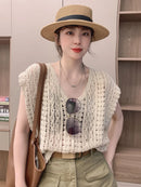 Cotton Crochet Tops Sexy Knitted Hollow Out Sleeveless T-Shirts Loose Female Women Clothing 2023 Summer New Vintage Tees Femme