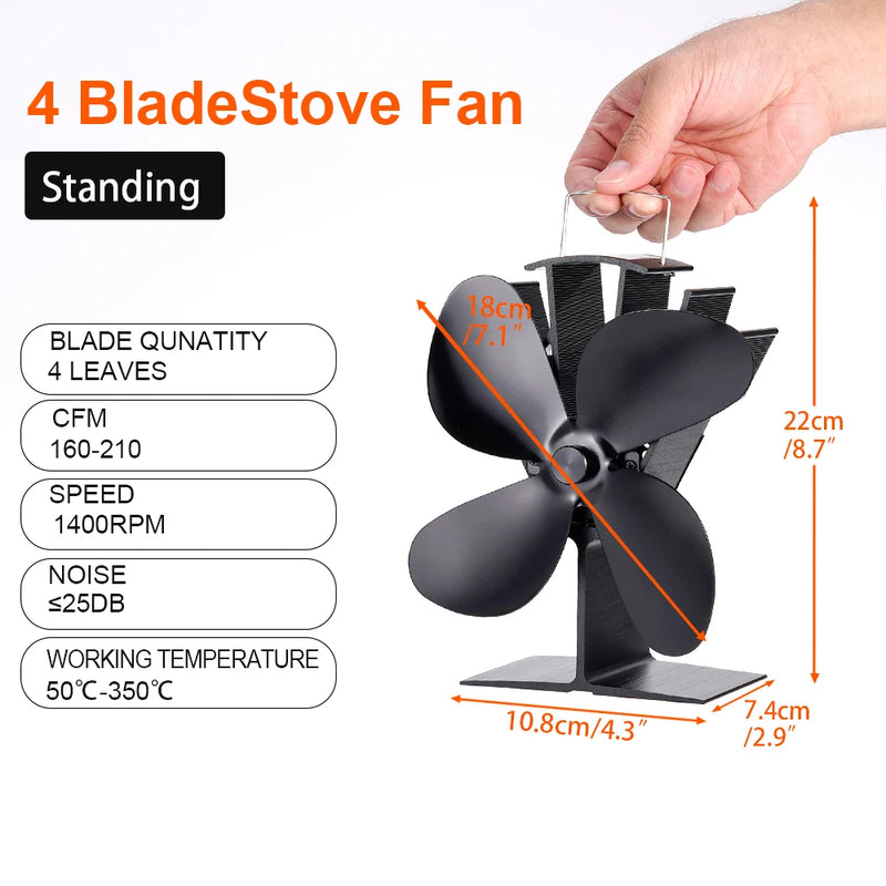 4 Blade Heat Powered Stove Fan Black Fireplace Fan komin Log Wood Burner Eco Friendly Quiet Fan Home Efficient Heat Distribution