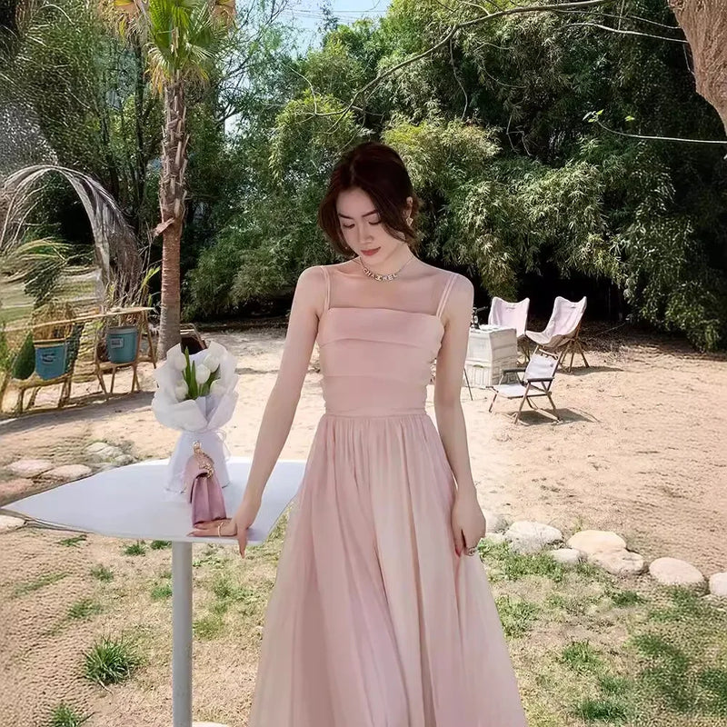 Pink Fairy Tank Dress 2024 New Style Women's Beach Vacation French Style Dress Sleeveless Summer Clothing Forest System