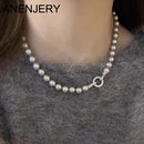 ANENJERY 6/8/10MM Gray Imitation Pearl Beads Chain Necklace for Women 2024 Trend Elegant Lady Necklace Jewelry Gifts