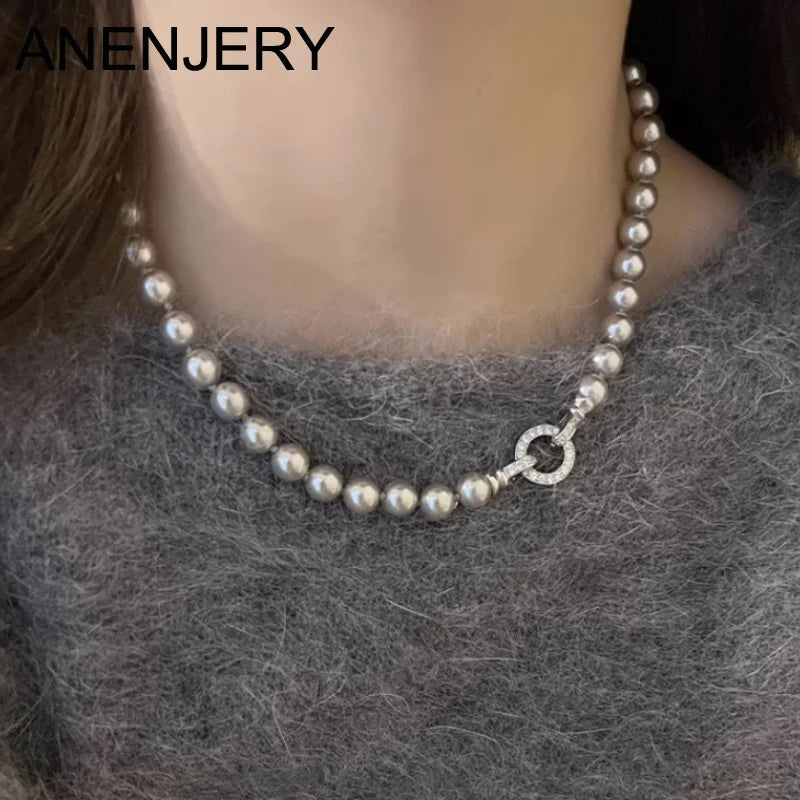 ANENJERY 6/8/10MM Gray Imitation Pearl Beads Chain Necklace for Women 2024 Trend Elegant Lady Necklace Jewelry Gifts
