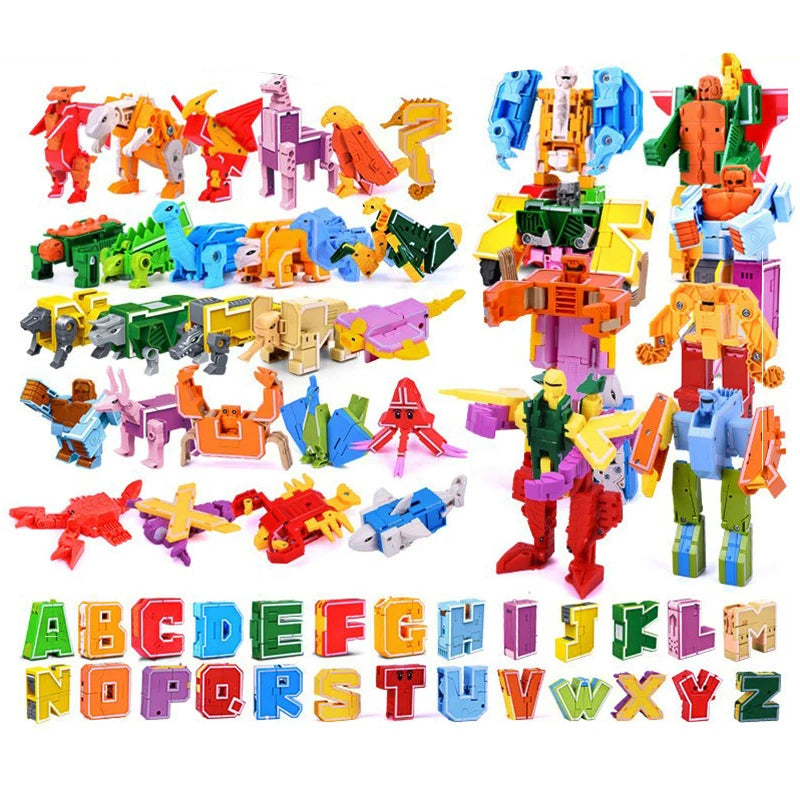 26 GUDI English Letter Learn A-Z Alphabet Transformation Robot Dinosaur Deformation Animal Action Figures  Building Block Toys