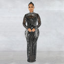 CM.YAYA Women Mesh Tassel Long Sleeve Diamonds Hot Rhinestones Bodycon Midi Maxi Long Dress and Tank Inner Dresses 2piece Suit