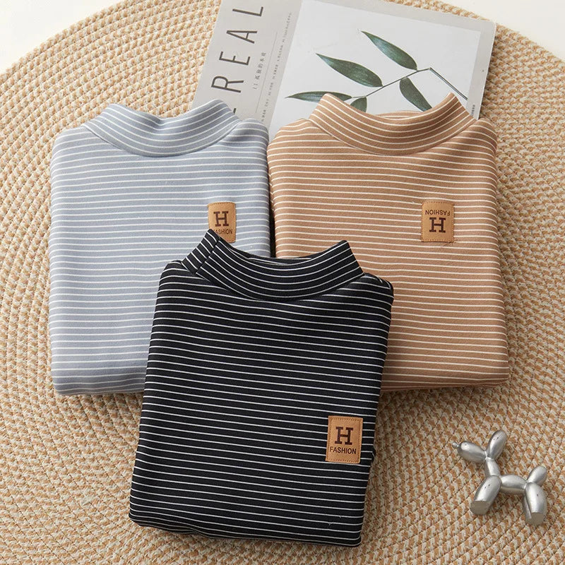 New Girls Padded Bottoming Shirt Boys Striped Turtleneck Jumper Autumn Winter Children Warm Fashion Casual Long-Sleeved Sweater