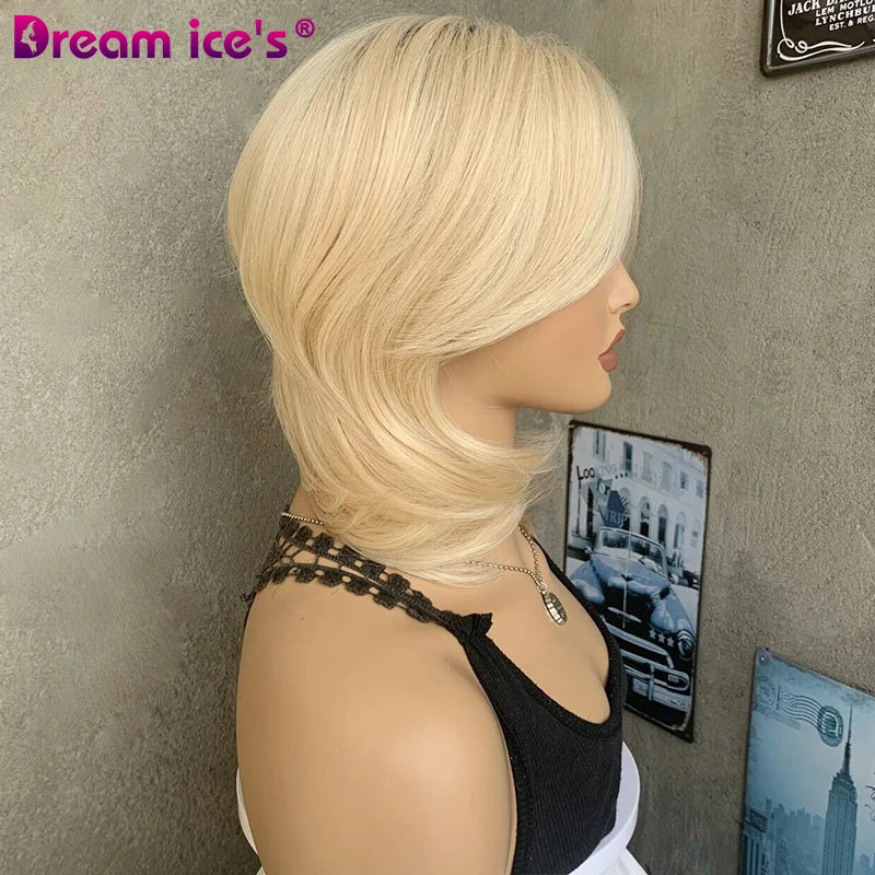 Blonde Short Straight Wavy Layered Hair Synthetic Wigs  With Dark Root For Women High Temperature Natural Wavy Cosplay Daily Wig