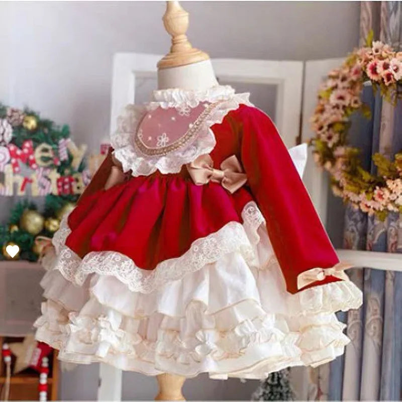 Girl Baby Party Dress New Spanish Vintage Lolita Prom Lace Puffy Dress Christmas Party Easter Princess Dress Gift Socks