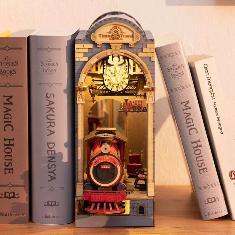 Robotime Rolife DIY Book Nook Japanese Sakura Densya Shelf Insert Wooden Miniature Dollhouse with Furniture Kits Xmas Gift