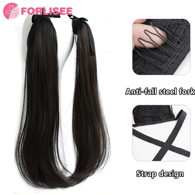 Synthetic Long Hair And Dropped Ear Rabbit Style Double Horsetail Girl Fluffy And Binding Hair Wig Piece Double Horsetail