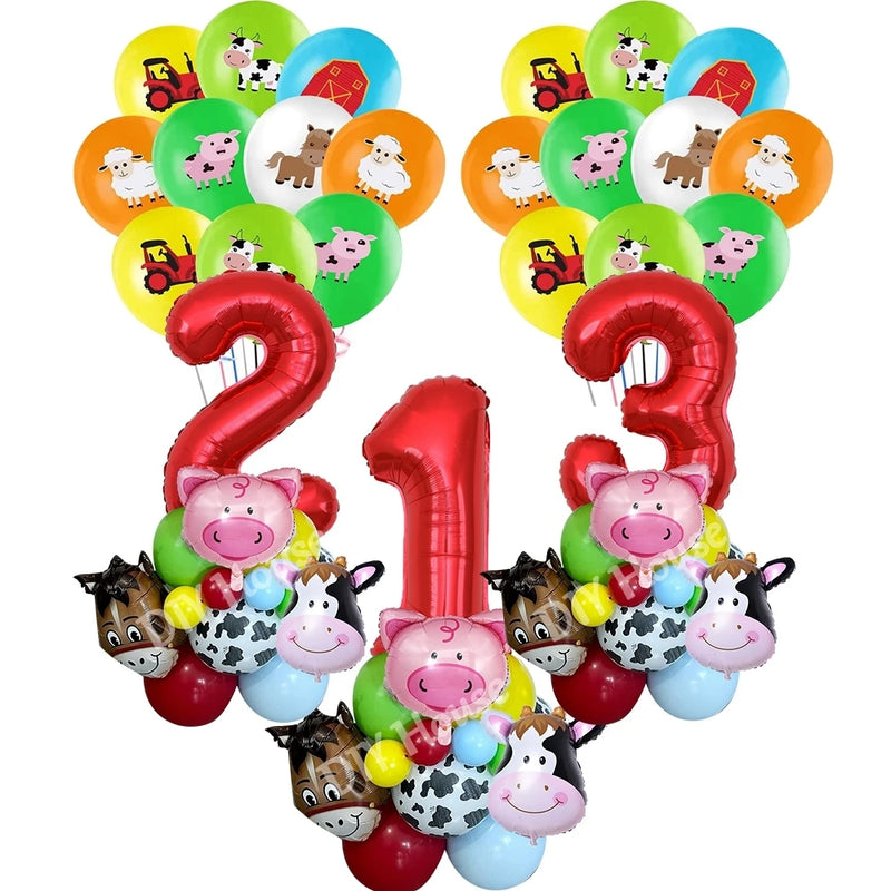 Farm Animal Balloon Tower with Digital Baloon Carton Cow/Pig/Sheep Balloons Kids Farm Animals Happy Birthday Party Decoration