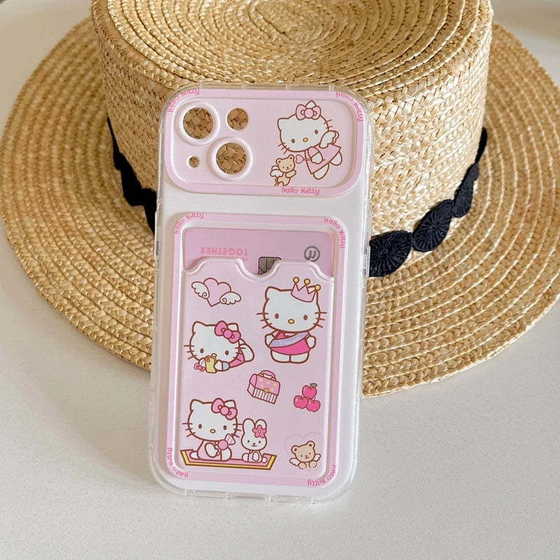 Cute Cartoon Sanrio Hello Kitty Card Holder Pocket Phone Case For iPhone 15 14 13 12 11 Pro Max Lens protection Soft TPU Cover