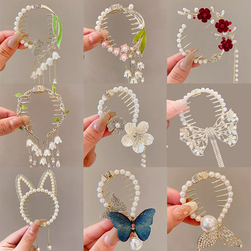 Flower Tassel Hair Clip Women Ladies Butterfly Rhinestone Pearl Metal Hair Claw Round Bun Ponytail Holder Hair Accessories