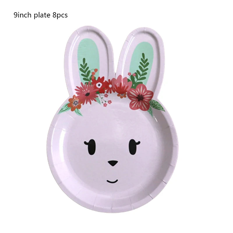 8pcs Easter Bunny Egg Paper Plates Rabbit Ear Shape Cups Happy Easter Party Tableware Birthday Party Baby Shower Decor Supplies
